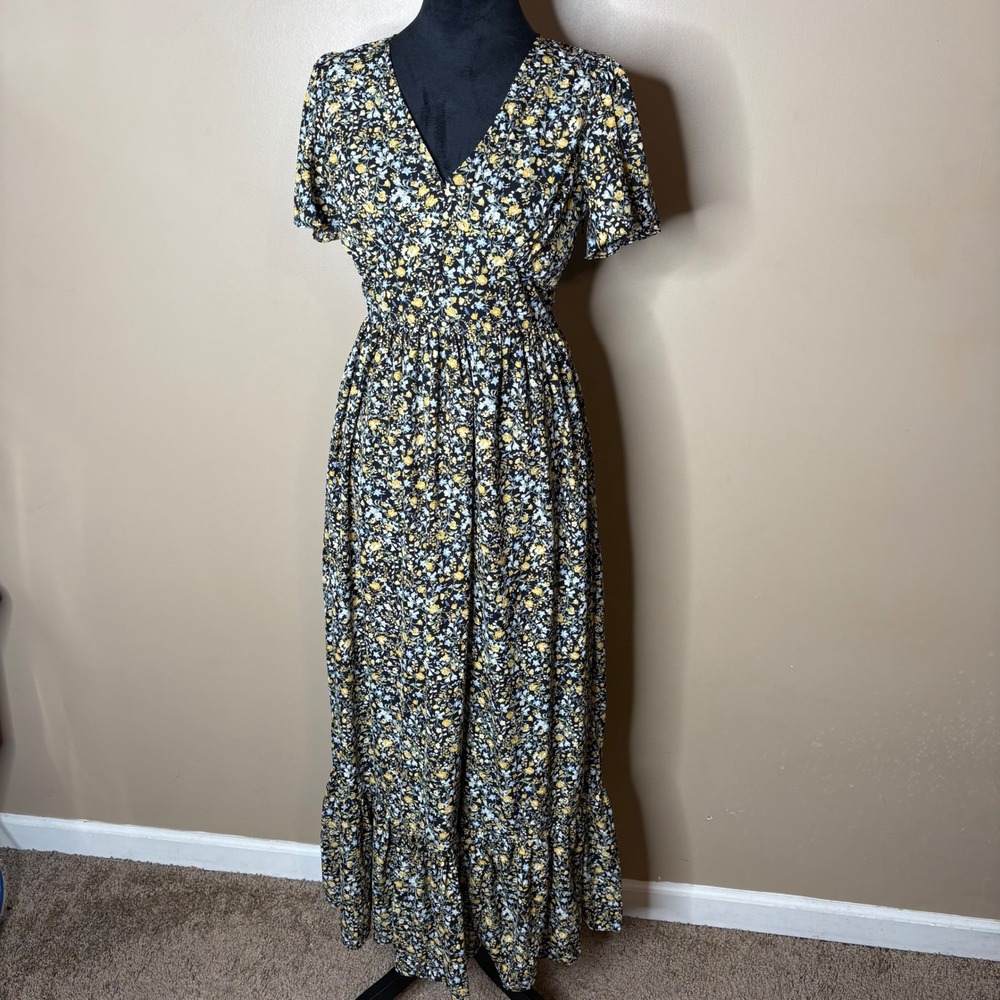 see the shades Women's Floral Black Yellow Short Sleeve Maxi Dress Summer Sz S